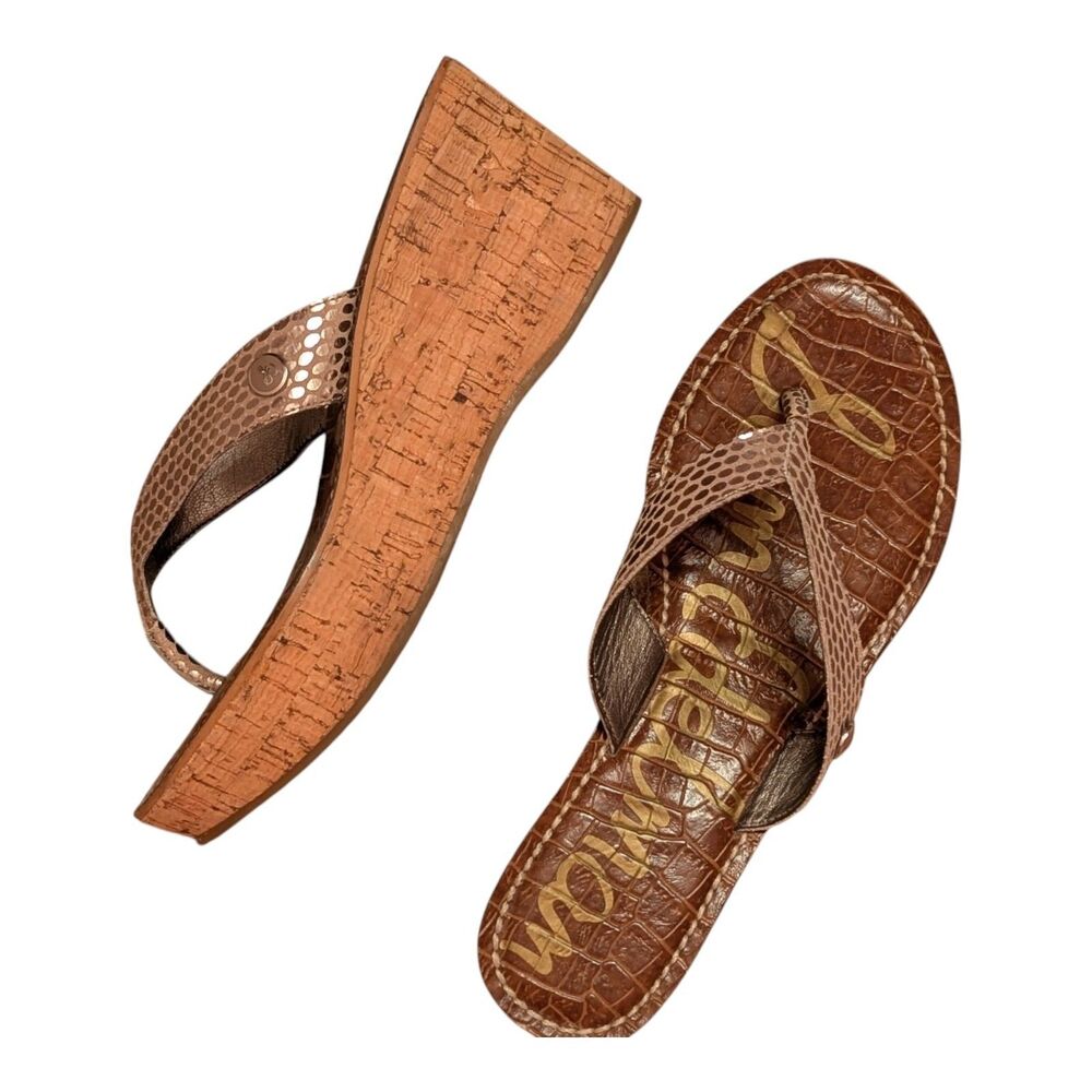 Sam Edelman Romy Croc Snake Leather Cork Wedge Thong Sandals Gold Women's Sz 6.5